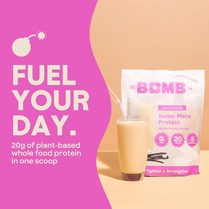 The Bomb Co plant protein blended into a smoothie