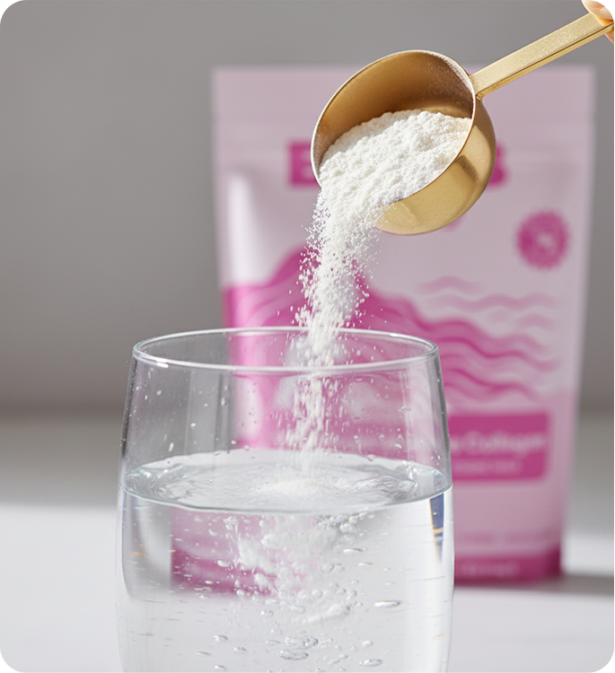 Add one serving of collagen powder (10g) into your shaker or blender.