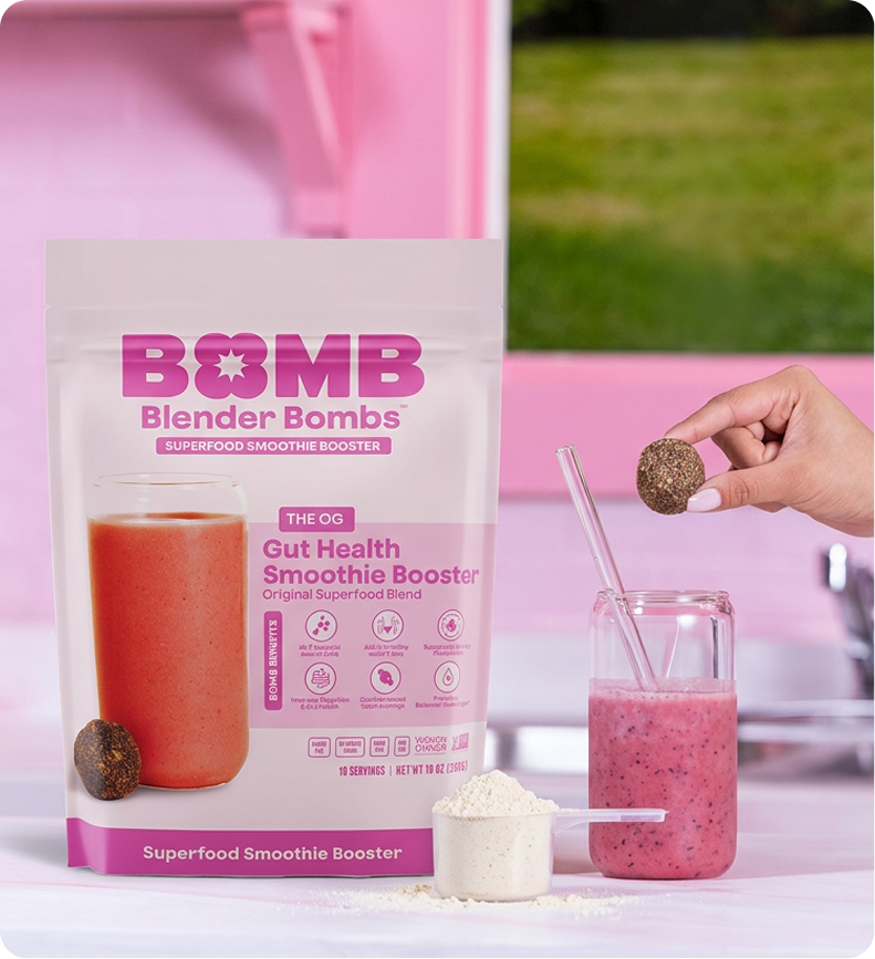 Add Bomb Protein and a Blender Bomb to your smoothie or beverage of choice.