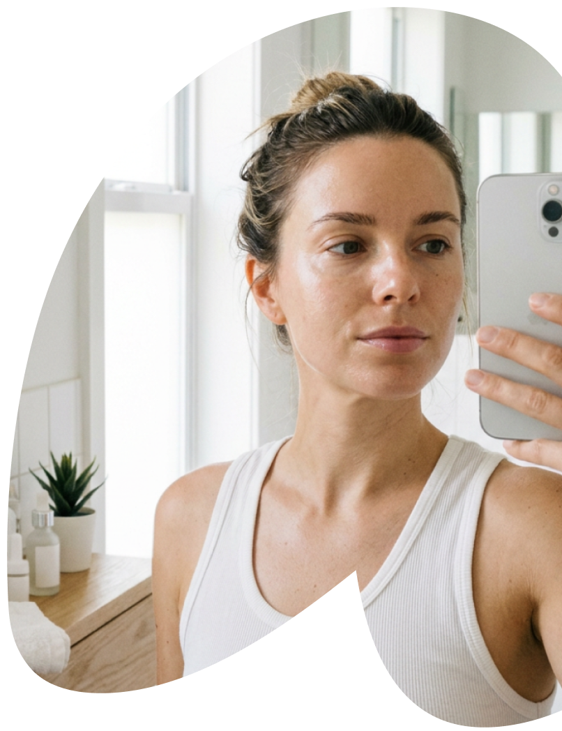 Woman taking mirror selfie in bathroom with skincare products